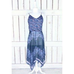 Vintage sheer black floral handkerchief hem midi sun dress